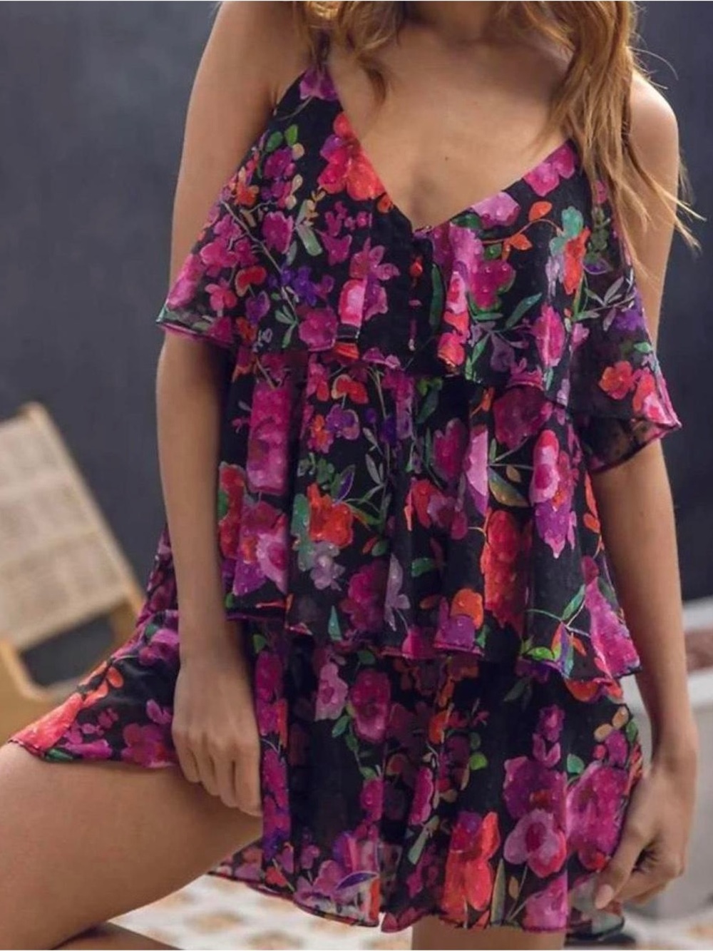 Line & Dot Mika Mini Black Floral Ruffle Dress with Pink & Red Blooms